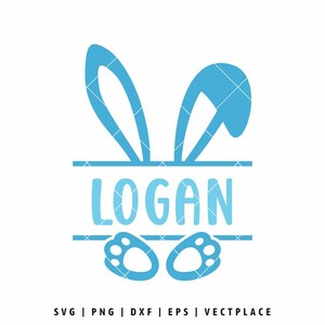 Puede incluir: Gráfico azul claro con orejas de conejo, el nombre "LOGAN" y huellas de conejo. El diseño es adecuado para manualidades y proyectos con temática de Pascua. La imagen también incluye los tipos de archivo: SVG, PNG, DXF, EPS y VECTPLACE.