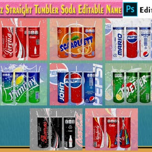 May include: Collection of 20oz straight tumblers featuring various soda brands, including Coca-Cola, Pepsi, and others. Each tumbler has a unique design with brand logos and names. The tumblers are designed to hold 20 fluid ounces.