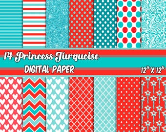 Princess Turquoise Digital Paper, Princess Papers, Blue and Red Digital Papers, Scrapbooking, Turquoise and Red Digital Paper, Seamless
