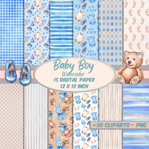 15 Baby Boy Watercolor Digital Papers, Card Making Paper, Teddy Bear Pattern, Baby Boy Pattern, Junk Journal, and 30 png Cliparts