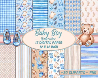 15 Baby Boy Watercolor Digital Papers, Card Making Paper, Teddy Bear Pattern, Baby Boy Pattern, Junk Journal, and 30 png Cliparts