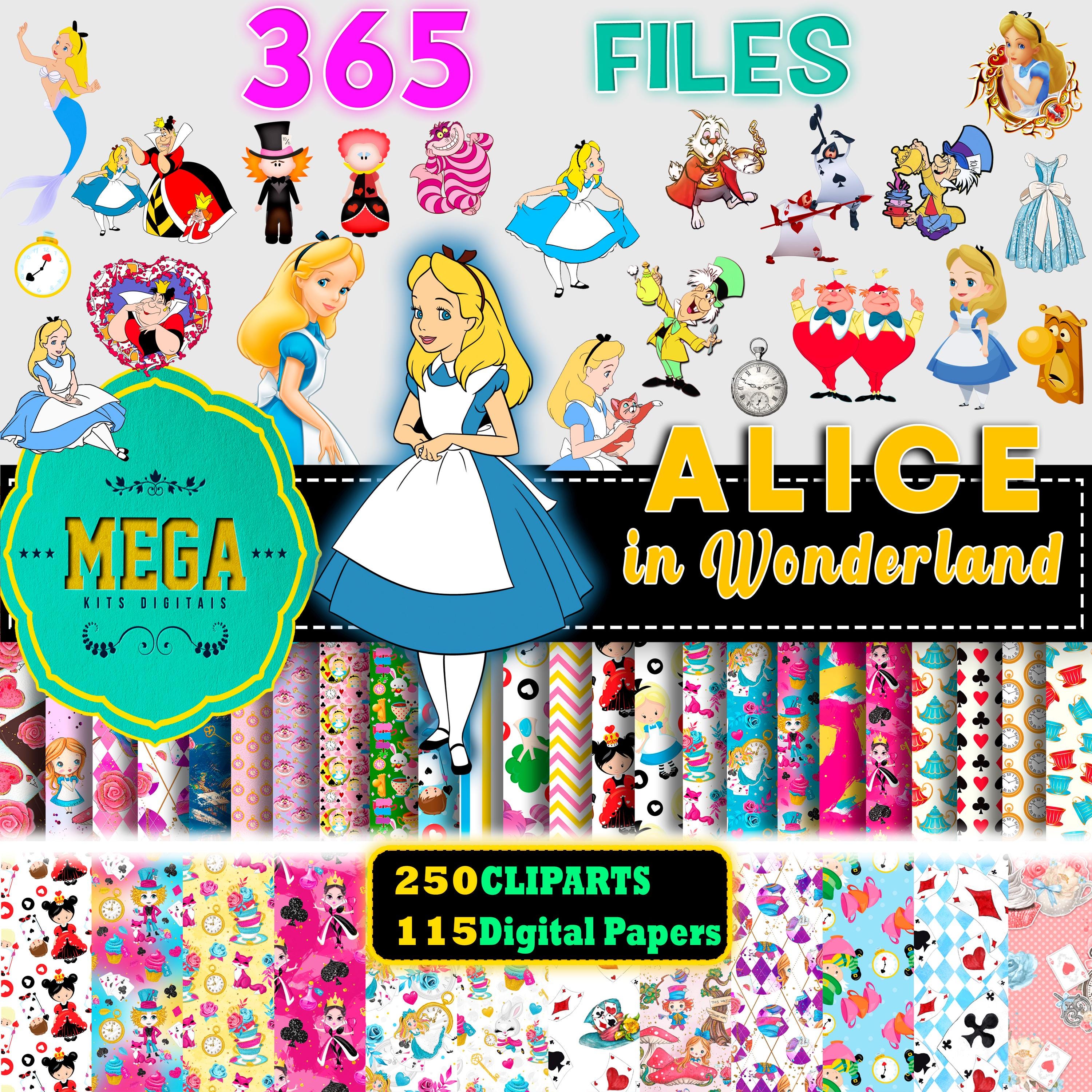 115 Alice in Wonderland Digital Papers, 250 PNG Clipart Watercolor Teapot Dress Mad Hatter Tea Party Elements Scrapbook Alice