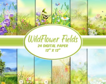 24 Wildflower Fields Digital Papers, Wildflower Digital Paper, Printable Wildflower Digital Papers, Spring Landscapes Cod 009