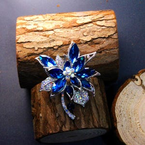 Sapphire Blue Crystal Flower Brooch: Rhinestone Lotus Pin
