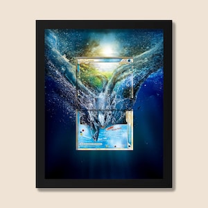 May include: Framed artwork featuring a stylized image of a trading card submerged in water. The card has a blue and white design with text. The background shows a dynamic splash of water and a bright light source, creating a dramatic effect.