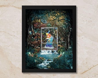 May include: A framed artwork featuring a central trading card with a colorful creature illustration, set against a dark, detailed forest background with a waterfall, glowing blue light effects, and dense green foliage in a black rectangular frame.