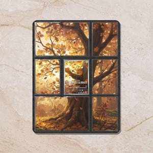 Puede incluir: Una página de archivador negra para tarjetas coleccionables con nueve bolsillos, que muestra una ilustración de bosque otoñal continua en ocho espacios y una carta Pokémon Dedenne con texto japonés en el centro.