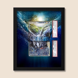May include: Framed artwork featuring two collectible trading cards submerged in water. The cards are encased in protective holders with text. The background is a digitally created underwater scene with blue and white hues.