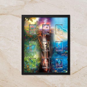 May include: A black rectangular frame containing nine trading cards arranged in three columns. The background features a split design with a lush green forest on the left, a volcanic mountain in the center, and a blue ocean scene on the right.