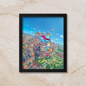 May include: A black rectangular frame containing a trading card featuring a blue and red dragon-like creature and a yellow mouse character, set against a vibrant illustration of a European-style town with hot air balloons in a bright blue sky.