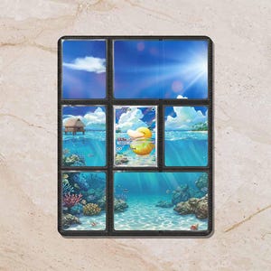 May include: A black trading card binder page with nine pockets, featuring a continuous underwater tropical scene across the inserts. One pocket contains a Japanese Psyduck Pokémon card with a yellow character, blue water, and clouds.