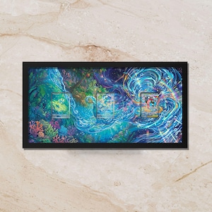 May include: A framed artwork featuring three colorful trading cards set against a vibrant, fantasy-themed background. The artwork showcases a dynamic composition with swirling water elements and a rich palette of blues, greens, and purples, creating a captivating visual experience.