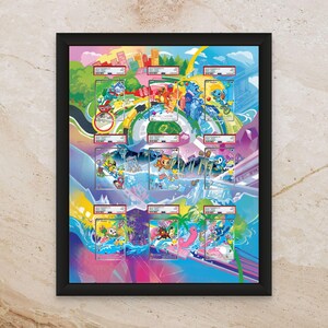 May include: A framed print featuring colorful artwork with various cartoon characters. The artwork is set against a vibrant background with a cityscape and tropical elements. The frame is black, and the print includes multiple trading cards.