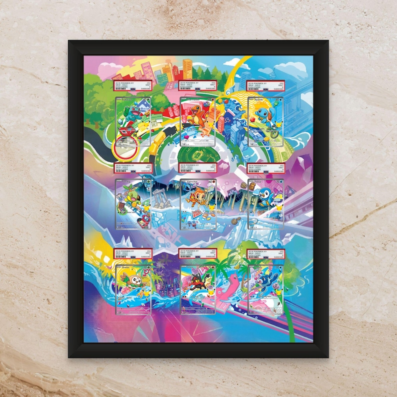May include: A framed print featuring colorful artwork with various cartoon characters. The artwork is set against a vibrant background with a cityscape and tropical elements. The frame is black, and the print includes multiple trading cards.