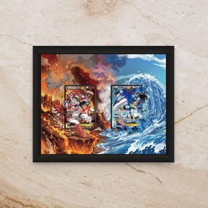 Peut inclure: Œuvre encadrée avec deux cartes illustrées. L'une représente une scène de feu avec un personnage rouge et blanc, l'autre une scène d'eau bleue avec un personnage bleu et blanc. L'œuvre est placée devant un paysage de feu et une vague déferlante.