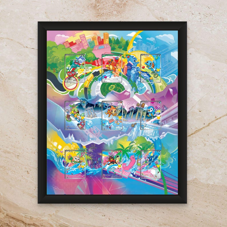 May include: A framed print featuring colorful illustrations of various characters. The artwork has a vibrant, cartoonish style with a cityscape and tropical elements in the background. The print is encased in a black frame, adding a sleek finish to the artwork.