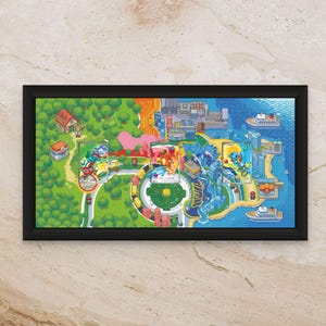 May include: A rectangular black-framed wall art piece featuring a pixelated map illustration of a fictional landscape. Three trading cards are mounted onto the print, depicting a green creature, a red creature, and a blue creature respectively.
