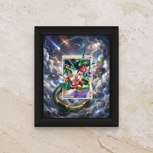 May include: A black rectangular frame containing a trading card featuring a green and red dragon-like creature against a cosmic background with clouds and lightning. The card displays the text Rayquaza & Deoxys Legend and has a 140 HP value.