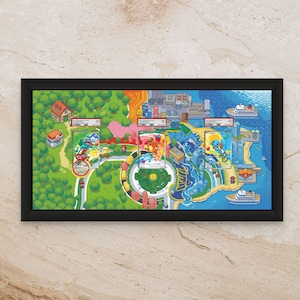 May include: A black rectangular frame containing a colourful pixel-art map of a fictional region. Three graded trading cards featuring Bulbasaur, Charmander, and Squirtle are mounted over the map, which depicts forests, water, and buildings.