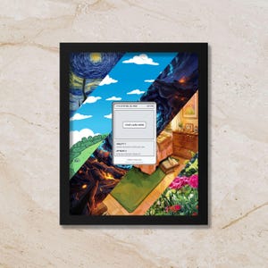 May include: Framed artwork with a fantasy card design. The card has a blank central area for text. The background is a collage of illustrated scenes: a starry night, a blue sky with clouds, and a volcanic landscape. A green mat is in the foreground.