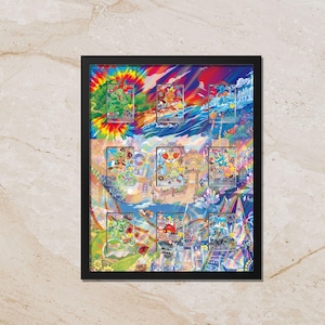 May include: A rectangular black frame containing a vibrant collage of nine Pokémon trading cards arranged in a three-by-three grid. The background features a colorful, swirling artistic landscape with rainbow hues, geometric shapes, and stylized scenery.