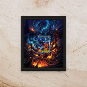 May include: Framed artwork featuring a fantasy scene with fiery orange and blue hues. A trading card is centered in the image, depicting a creature in a dynamic pose. The artwork is encased in a black frame.