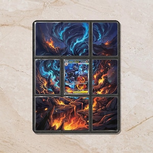 May include: A black trading card binder page with nine pockets, eight of which contain art cards depicting a volcanic landscape with blue and orange flames, and one central pocket holding a Japanese Charizard V trading card with fire energy.