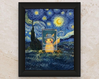 Pikachu Van Gogh Display Frame Gift – Grey Felt Hat Pokémon Art | 8x10 Wall or Desk Frame for Collectors | Handmade in Canada