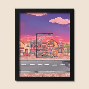 May include: Framed artwork featuring a colorful illustration of a street scene with buildings and a road. The artwork includes a card with the text "Mewtwo" and a number. The sky is a gradient of pink and purple.