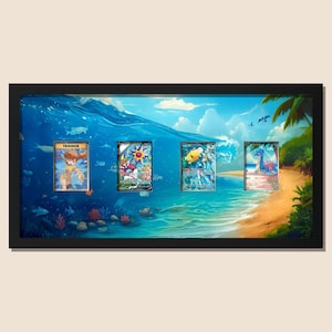 May include: A rectangular black frame containing four collectible trading cards arranged horizontally. The background inside the frame features a vibrant digital illustration of a tropical beach scene with blue ocean waves, palm trees, and a sandy shore.