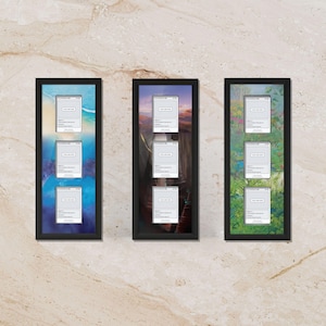 May include: Three black framed wall art pieces. Each frame contains three smaller rectangular frames with a landscape image in the background. The backgrounds include a beach scene, a sunset, and a floral garden.