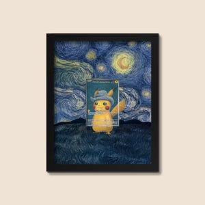 Pikachu mit grauem Filzhut-Halterungsrahmen – Van Gogh Pokémon Ausstellung | 8x10 Rahmendisplay