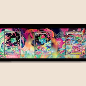 May include: A black framed display of three Pokémon trading cards. The cards feature colourful illustrations of Pokémon characters set against a vibrant floral backdrop. The overall design is bright and visually appealing, suitable for collectors.