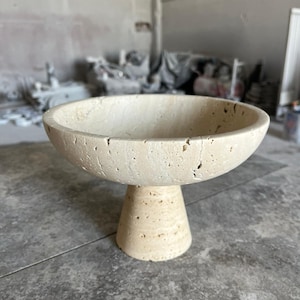 Natural Travertine Serving Bowl – Marble Pedestal Fruit Bowl, Handmade Stone Decor, Centerpiece, Housewarming Gift