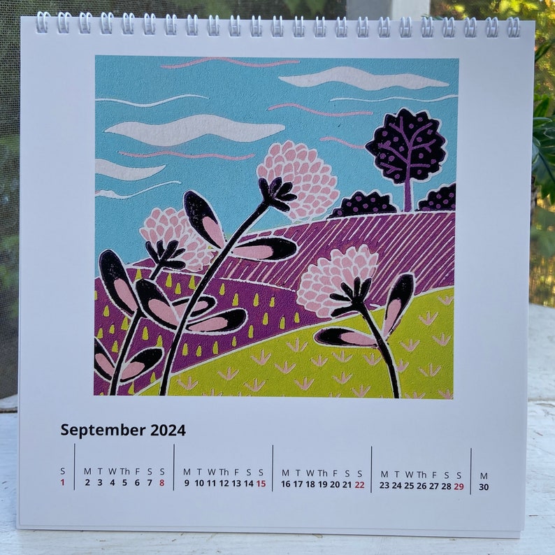 2024 Calendar a desk calendar with Linocut images by Sue Collins. image 9