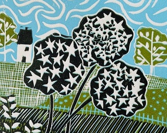 Dancing Skies.   Lino Print, Colour Lino Landscape, Colourful Art.