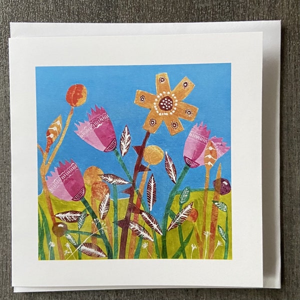 Sunny Day  -  Fine Art Greetings Card of a painted collage by artist Sue Collins -Delivery Included.