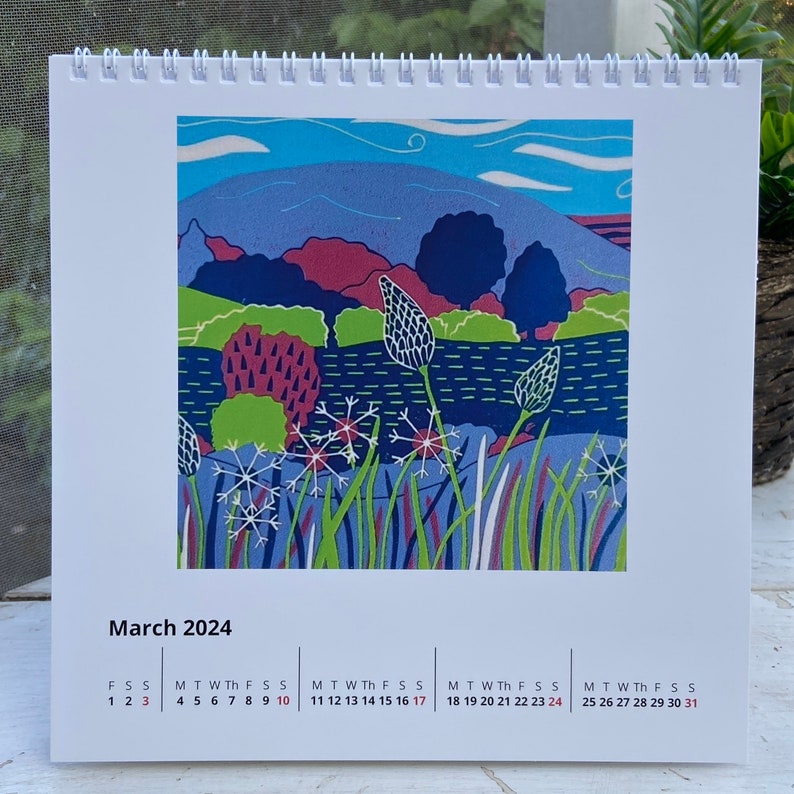 2024 Calendar a desk calendar with Linocut images by Sue Collins. image 4