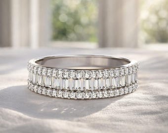 Baguette and Round Diamond Wedding Band | Baguette and Round Diamond Prong Set Half Eternity Band | EF VVS IGI Baguette & Round Diamond Band