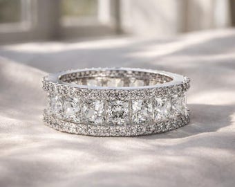 Princess Round Lab Diamond Wedding Band | Princess Round Diamond Wide Eternity Band | IGI Certified Diamond Band Three Row Eternity Band