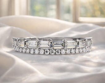 Baguette & Round Lab Double Row Diamond Band | Baguette Round Lab Diamond Wide Half Eternity Band | IGI Double Row Prong Set Diamond Band