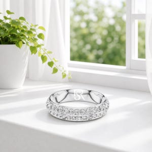 Anillo de diamantes de doble fila / Anillo de diamantes redondos cultivados en laboratorio / Alianza de boda de oro macizo / Anillo de diamantes engastados en pavé / Alianza nupcial de media eternidad