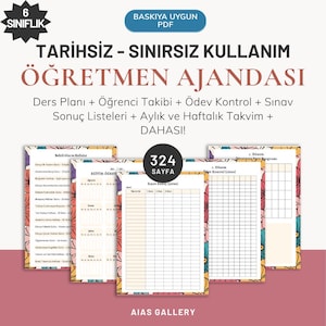 May include: A teacher's undated planner with the text "Teacher's Planner" in Turkish. The planner includes sections for lesson plans, student tracking, homework control, exam results, and monthly and weekly calendars. The planner has 324 pages.