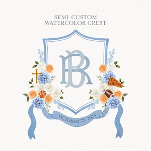 Halb kundenspezifisches Aquarell Hochzeitswappen, personalisiertes Monogrammwappen, digitaler Download Hochzeitskamm, Hochzeitskamm mit Monogramm und Symbolen