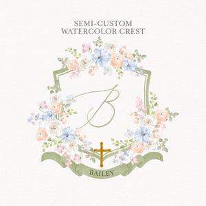 Halb kundenspezifisches Aquarell Hochzeitswappen, personalisiertes Monogrammwappen, digitaler Download Hochzeitskamm, Hochzeitskamm mit Monogramm und Symbolen