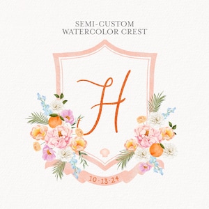 Halb kundenspezifisches Aquarell Hochzeitswappen, personalisiertes Monogrammwappen, digitaler Download Hochzeitskamm, Hochzeitskamm mit Monogramm und Symbolen