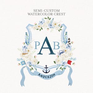 Halb kundenspezifisches Aquarell Hochzeitswappen, personalisiertes Monogrammwappen, digitaler Download Hochzeitskamm, Hochzeitskamm mit Monogramm und Symbolen