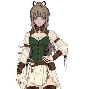 Könnte beinhalten: Illustration einer Figur in einem von Steampunk inspirierten Outfit. Die Figur trägt ein grünes Korsett, einen weißen Rock und braune Oberschenkelstiefel. Zu den Accessoires gehören ein Gürtel mit Schlüsseln, eine kleine Tasche und Armbänder.