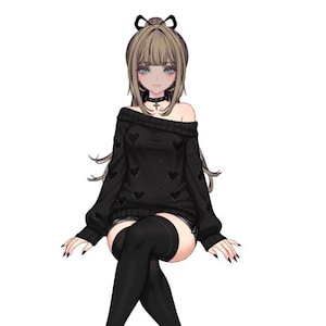 Könnte beinhalten: Illustration einer Figur in einem schwarzen Off-Shoulder-Pullover mit Herzmotiven, einem Choker und Oberschenkelstrümpfen. Die Figur hat eine Schleife im Haar und sitzt mit verschränkten Beinen. Die Nägel der Figur sind schwarz lackiert.