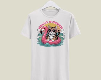 Hello Summer PNG SVG, Funny Cat Lover Beach, Great Design, Lover Summer Vacation Flamingo Float Clipart, Trending Cat Summer.